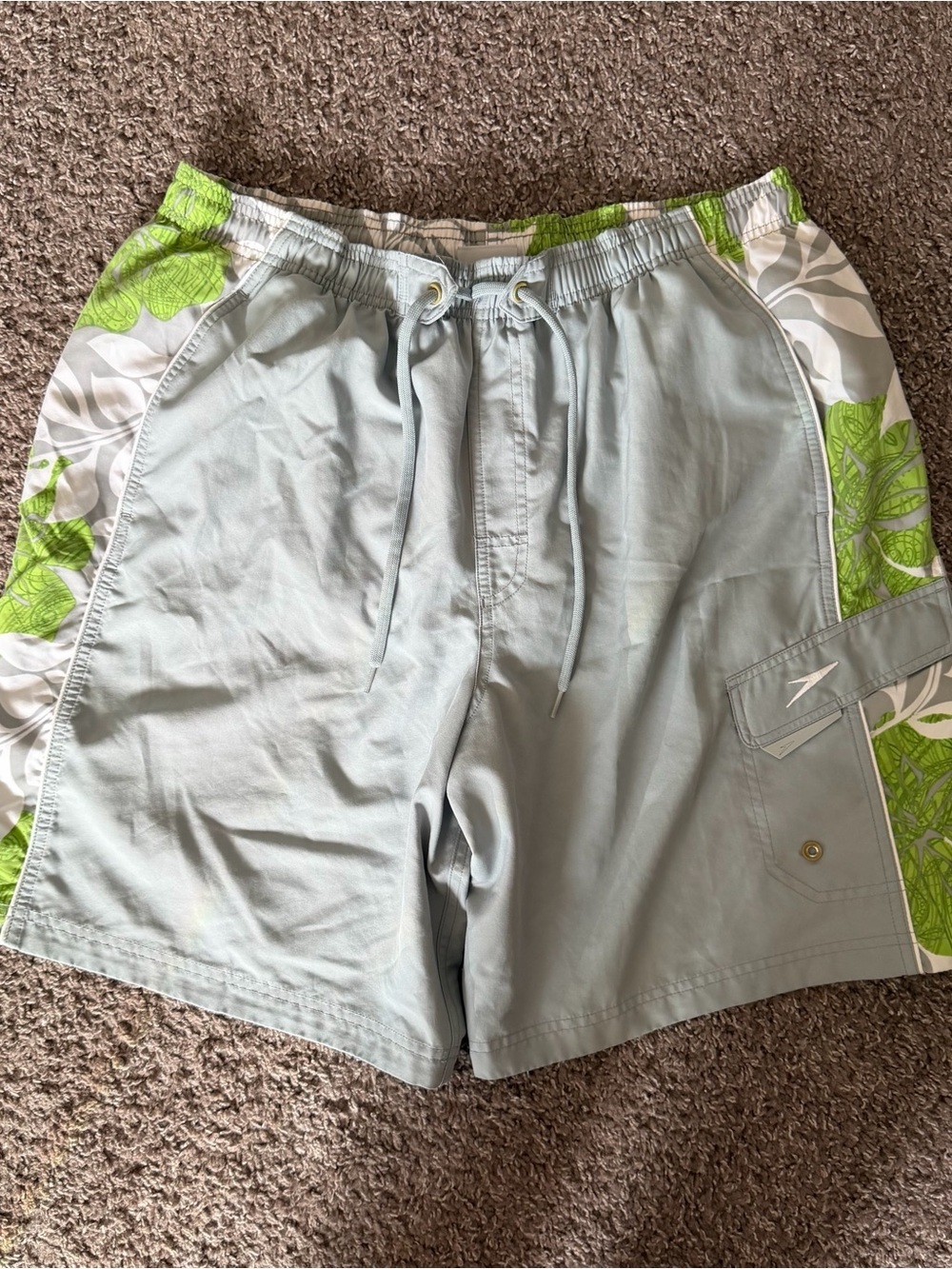 2000s Speedo Gray and Green Bathing Suit Shorts Size XL
